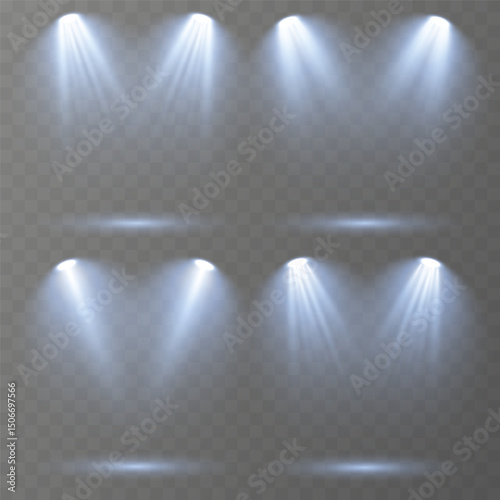 Realistic spotlights shine brightly on transparent background.
Soft projector beams reflect subtly on glossy floor.
Focused light rays create dramatic stage composition.
Concert lighting glows