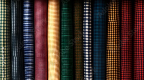Photograph of multiple textile samples showcase a variety of checkered patterns in shades of red, yellow, green, and...