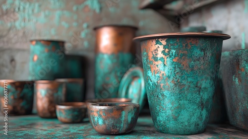 Photograph of copper vases with a turquoise and rust textured finish, arranged on a surface.