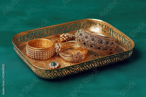 Gold Jewelry Set On Ornate Tray Closeup Of Sparkling Bangles And Bracelets
