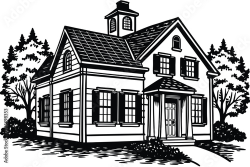 Illustration of a two story house with trees and shrubs