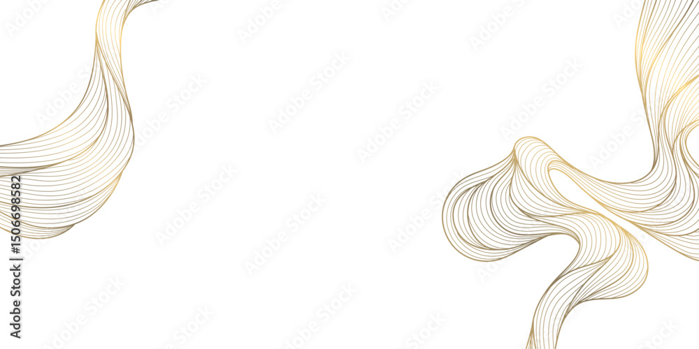 Vector line wave corners, gold on white isolated art luxury graphic, cloud frame. Premium asian sea, curve art shape abstract texture. Art deco organic fancy pattern, background.