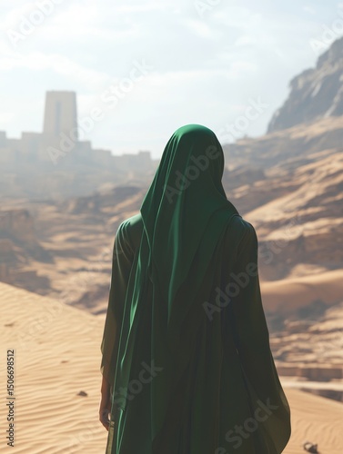 Desert Vista: A Woman in Green Contemplates the Arid Landscape, Embracing Adventure and Tranquility in a Scenic Arabian Journey photo
