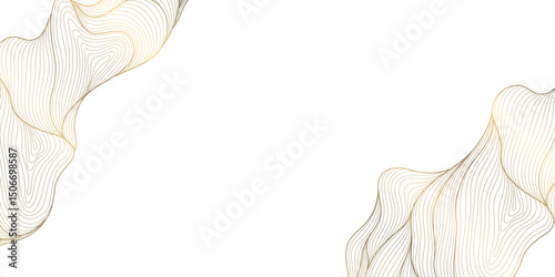 Vector line wave corners, gold on white isolated art luxury graphic, cloud frame. Premium asian sea, curve art shape abstract texture. Art deco organic fancy pattern, background.