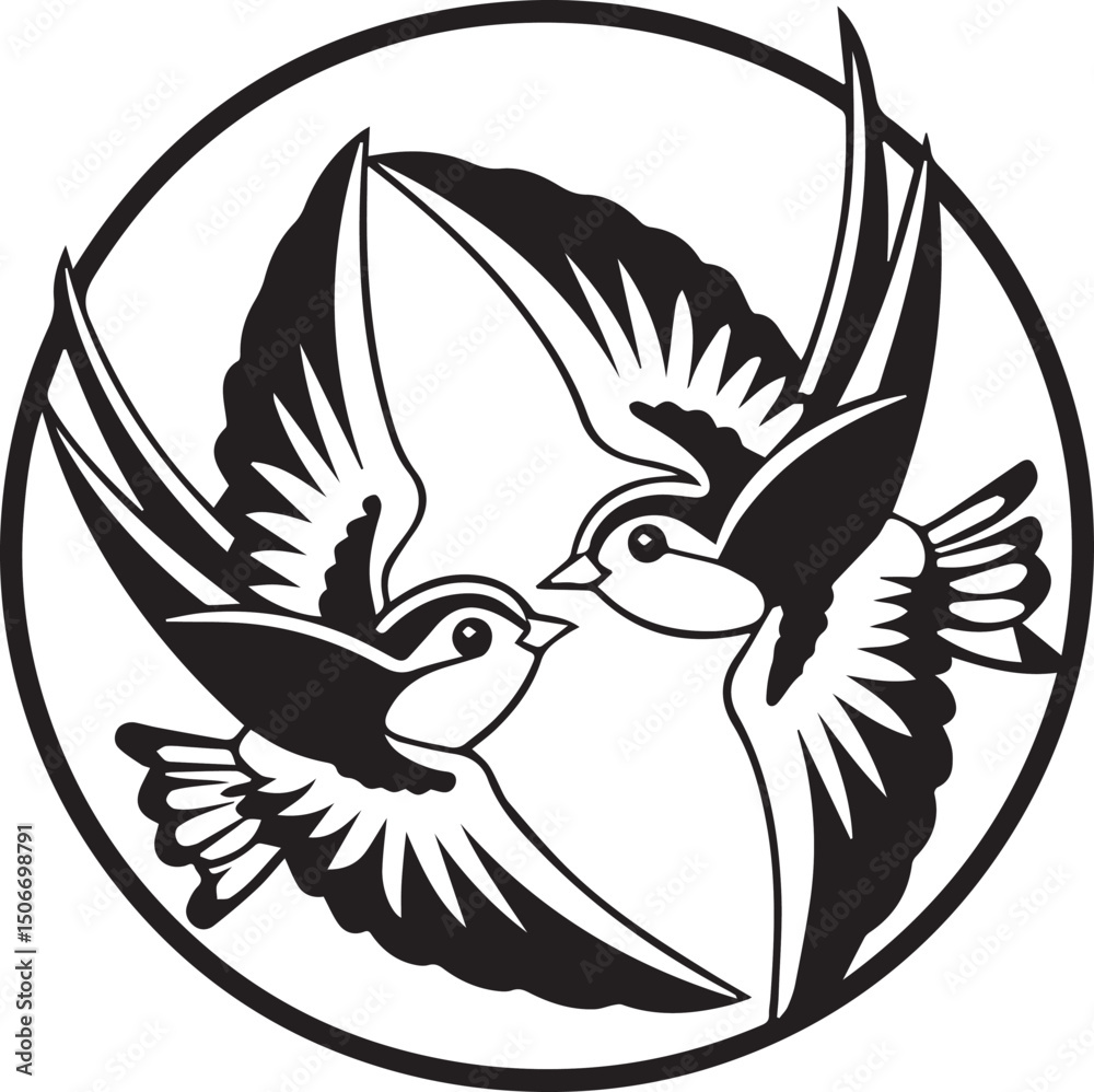 Obraz premium Two symmetrical flying birds form a circular pattern, representing harmony and unity. Ideal for wedding logos, tattoo flash, or nature branding.