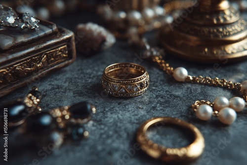 Gold Ring and Pearl Jewelry on Dark Glittery Surface