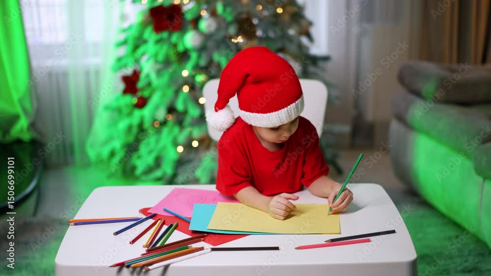 Child crafting decorations at Christmas. Young child wearing a Santa hat colors on paper near a festive Christmas tree with lights and decorations.