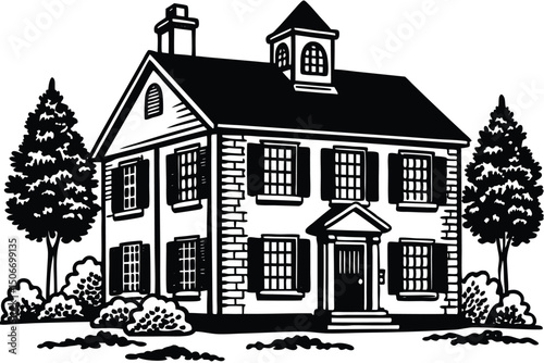 Illustration of a two story house with trees and shrubs