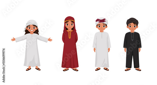 Four Children in Traditional Middle Eastern Clothing Smiling
