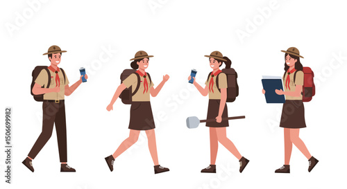 Four Scouts in Uniforms with Backpacks Water Bottle Shovel and Notebook