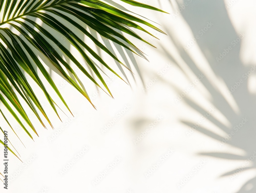 Fototapeta premium Tropical Palm Leaf Shadow on White Wall: A Minimalist Nature Art Print for Summer Vibes, Fresh Foliage, and Exotic Botanical Decor, Clean Backdrop