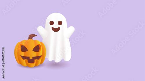 Smiling ghost is beside a carved jackolantern.