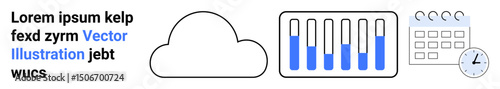 Cloud with data chart, calendar, and clock representing data storage, analytics, scheduling, productivity, workflow, organization and task planning. Ideal for workflow systems simple landing page