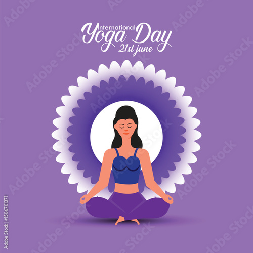 21 June Happy international yoga day banner with woman in meditation yoga pose