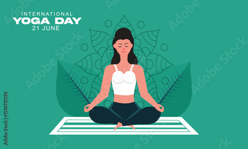 Beautiful woman doing yoga or asana for 21 June International Yoga Day Celebration banner