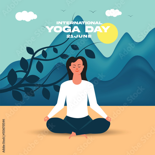 21 June Happy international yoga day poster with woman in meditation yoga pose