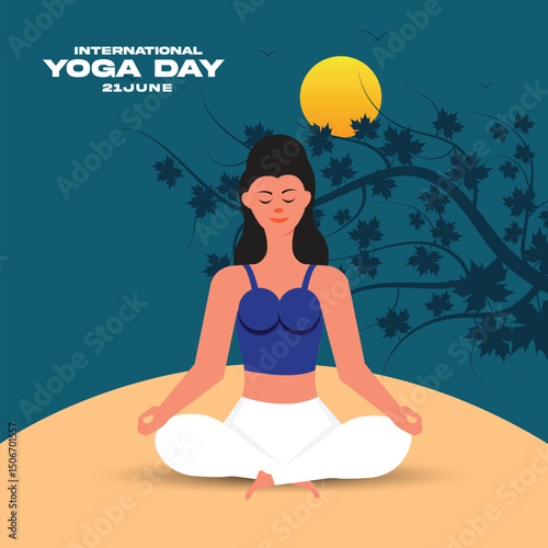 International Yoga Day Illustration on June 21 with Woman Doing Body Posture Practice