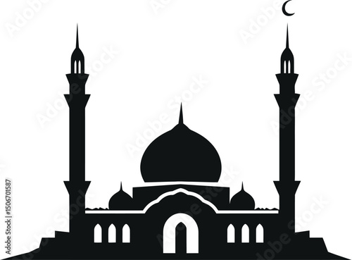 Black silhouette of a mosque with minarets and crescent moon
