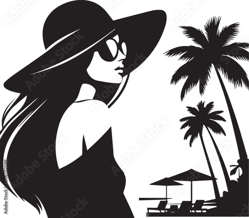 Elegant Woman in Summer Hat at Tropical Beach – Vector Silhouette Art