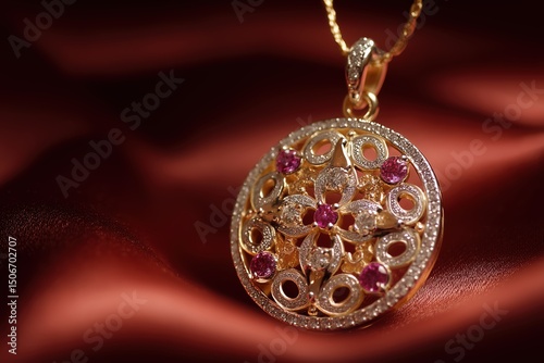 Ornate Gold And Red Gemstone Pendant Necklace On Red Fabric
