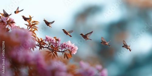 Flock of birds flying near cherry blossoms in tranquil spring scene