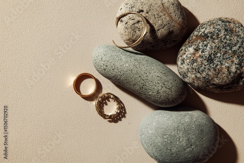 Golden Wedding Bands and Gray Stones on Sandy Beach