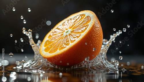 Orange splash with water droplets on dark background, high contrast, juicy fruit concept