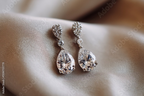 Pear Shaped Diamond Earrings on Beige Fabric