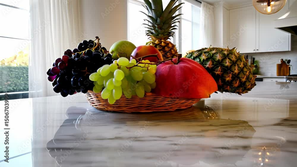 custom made wallpaper toronto digitalA woven basket filled with an assortment of fresh exotic fruits including pineapples, green and red grapes, and pomegranates, displayed on a glossy marble countertop in a bright kitchen with large 