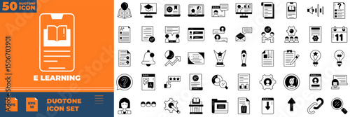E Learning Duotone Editable Icons set. Vector illustration in modern thin duotone style of e learning icons: course, online, book, etc