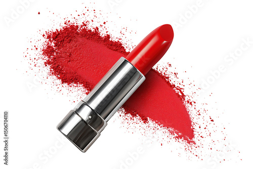 Red Lipstick With Silver Tube And Red Glitter On Black Background