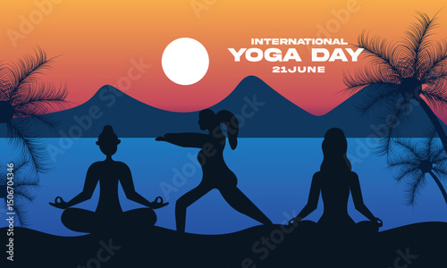 World yoga day morning banner group of woman in different asana in beach