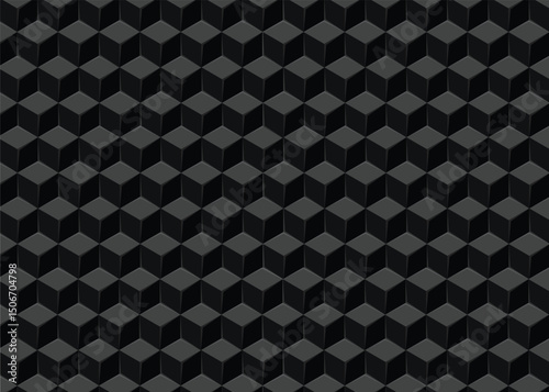 Abstract geometric pattern of dark gray 3D cubes grid pattern. Black and white geometric background.
