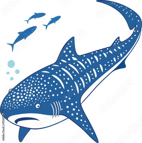 Cartoon whale shark with remoras in clear blue ocean waters