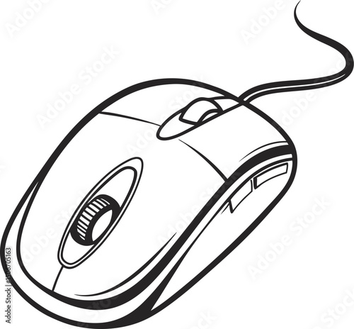 Stylized Computer Mouse with Cord in Black and White Graphic Design