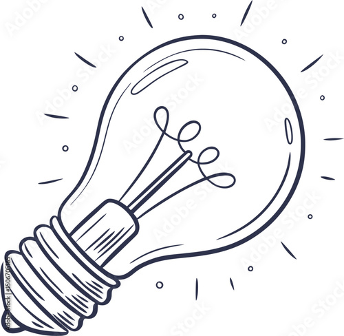 Hand Drawn Light Bulb with Shining Rays Depicting an Idea