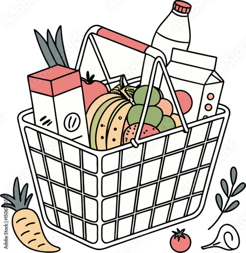 Illustration of a shopping basket filled with various groceries and food items
