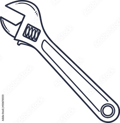 Line art illustration of an adjustable wrench for mechanical repairs tasks