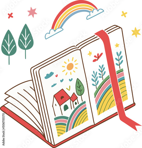 Open storybook with colorful drawings of houses, trees, and a rainbow