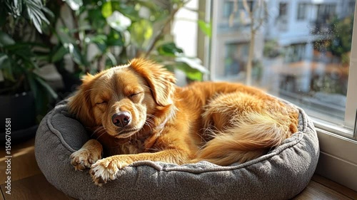 Golden dog peacefully sleeps in a sunlit gray dog bed near a window photo