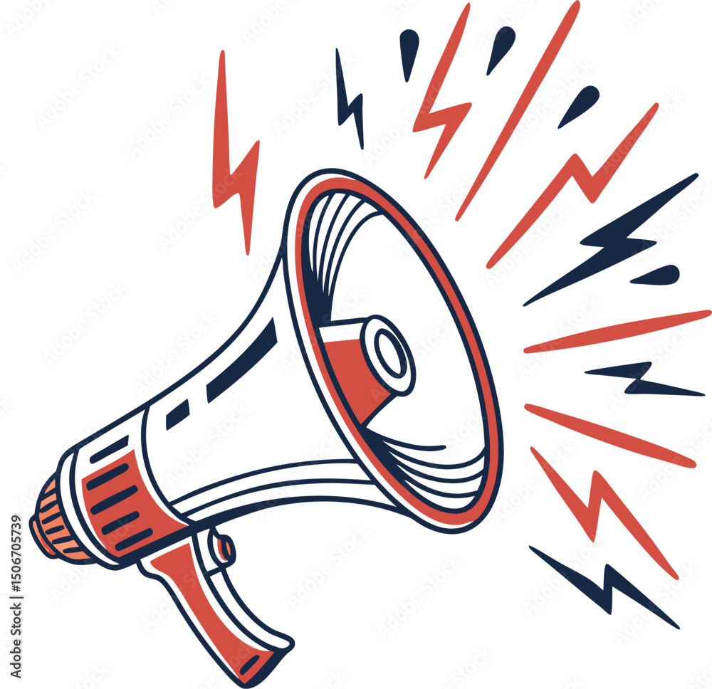 Naklejka premium Loud megaphone illustration with stylized sound waves and graphic design elements