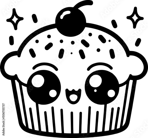 Cartoon Cup Cake Character with Playful Cheeks and Big Eyes. Simple outline for coloring page book.