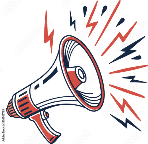 Loud megaphone illustration with stylized sound waves and graphic design elements