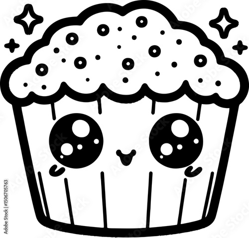 Cartoon Cup Cake Character with Playful Cheeks and Big Eyes. Simple outline for coloring page book.