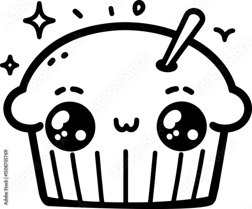 Cartoon Cup Cake Character with Playful Cheeks and Big Eyes. Simple outline for coloring page book.
