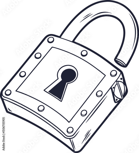 Vintage Metal Padlock with an Open Shackle and a Detailed Keyhole