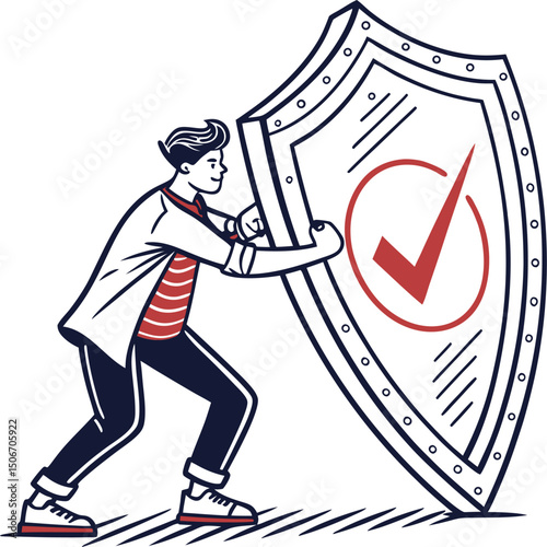 Man Holding Shield with Check Mark Symbolizing Protection, Security, and Assurance