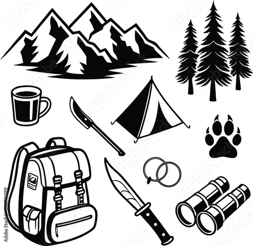 Camping element vector forest, camp, trees, Camp badges, labels, banners, brochures.