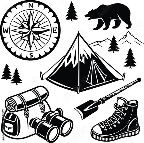 Camping element vector forest, camp, trees, Camp badges, labels, banners, brochures.