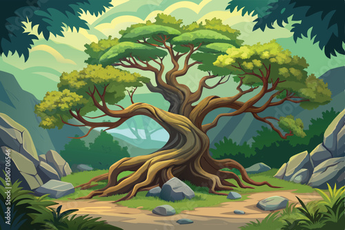 Cartoon illustration of a large tree in a scenic landscape